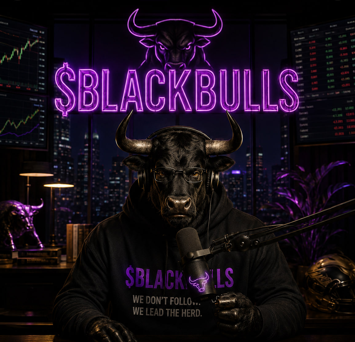 $BLACKBULLS mascot — a black bull in a hoodie at a podcast mic with neon signage